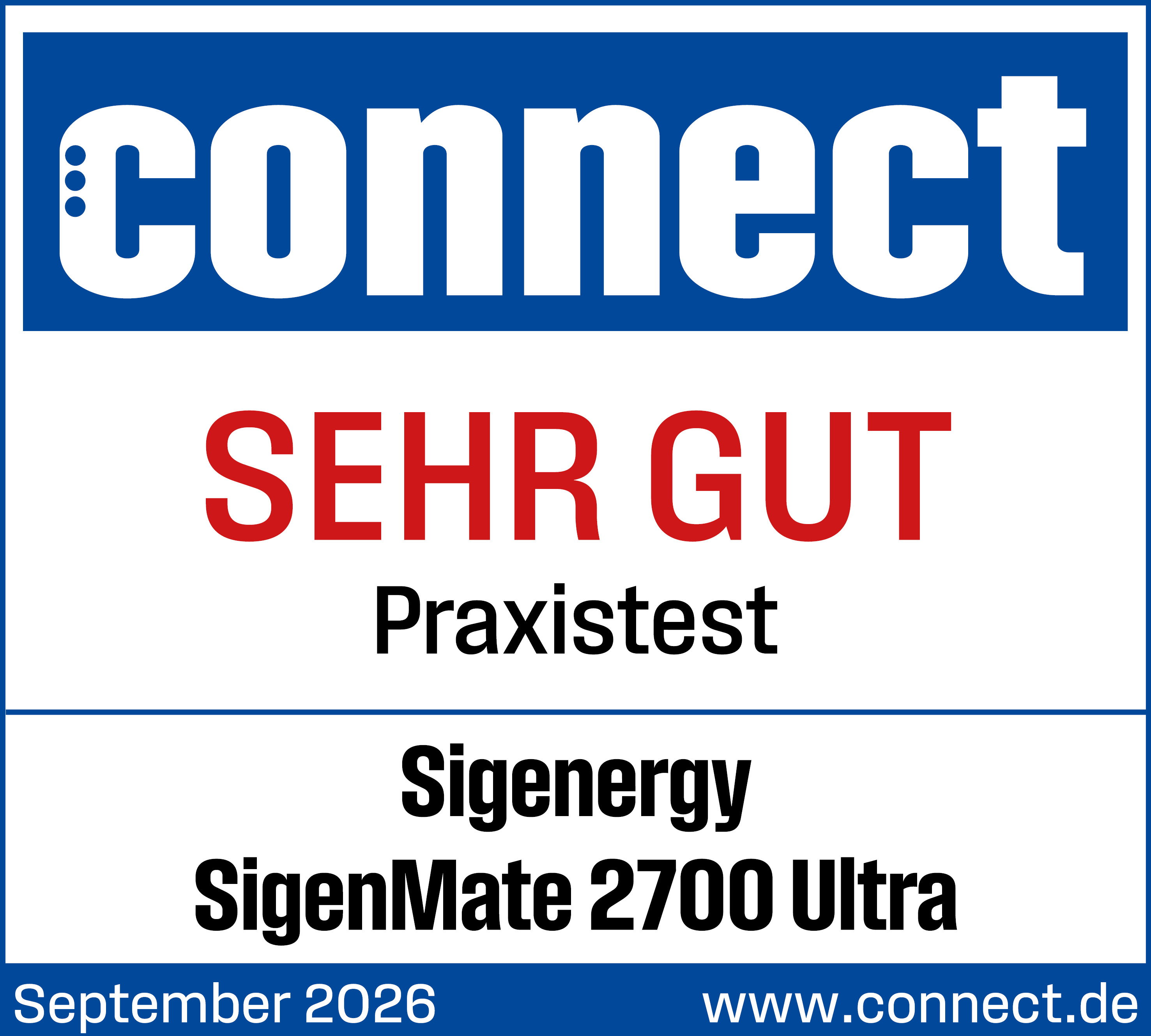 connect SEHR GUT Praxistest Siegel für den Sigenergy SigenMate 2700 Ultra, September 2026